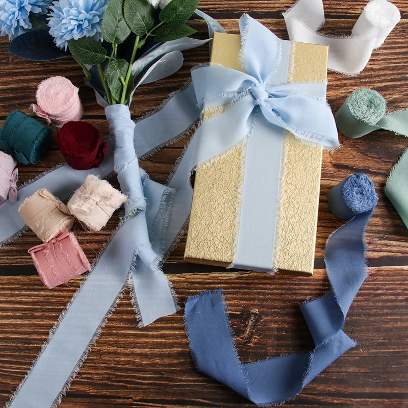 5M Handmade Frayed Edged Satin Chiffon Silk Ribbon - For Wedding Invitations, Bouquets, Birthday Party Decorations, and Gifts