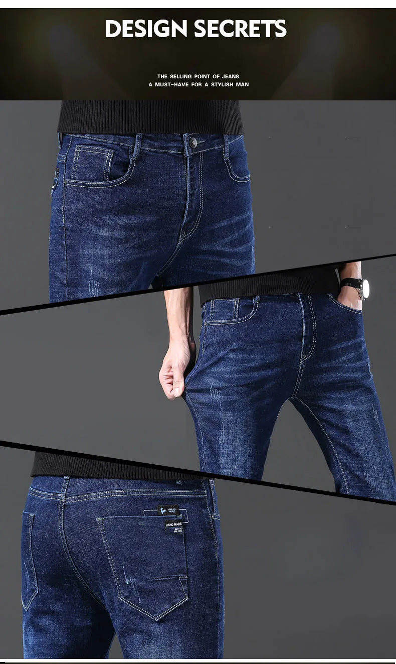 Men’s Casual Comfortable Jeans – Straight Loose Fit High Waist Elastic Trousers for All Seasons & Office Wear