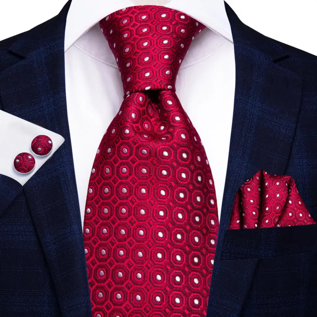 Hi-Tie Red Burgundy Plaid Silk Tie Set — Designer Men’s Necktie with Handkerchief & Cufflinks for Wedding or Business