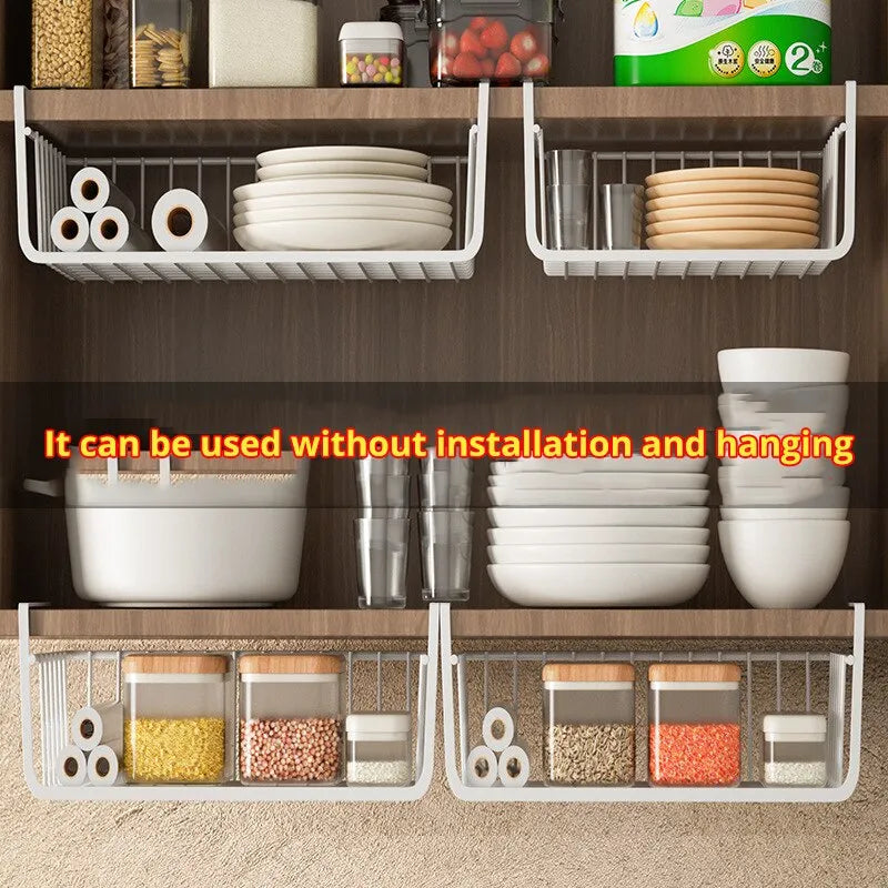 Premium White/Black Iron Hanging Net Basket - 1pc | Large Capacity Kitchen Storage | Under Cabinet, Wall, Wardrobe Organizer