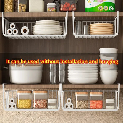 Premium White/Black Iron Hanging Net Basket - 1pc | Large Capacity Kitchen Storage | Under Cabinet, Wall, Wardrobe Organizer