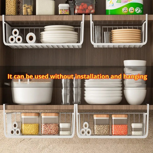 Premium White/Black Iron Hanging Net Basket - 1pc | Large Capacity Kitchen Storage | Under Cabinet, Wall, Wardrobe Organizer