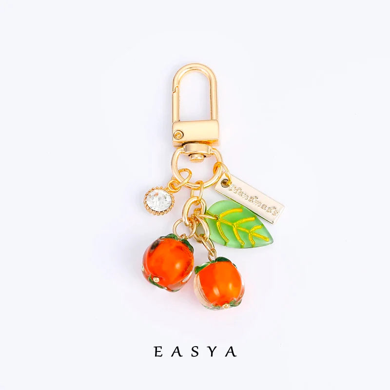 EASYA Vintage Imitation Fruit Charm Keychain – Lemon, Persimmon & Strawberry Glass Pendant, Luxury Jewelry for Women