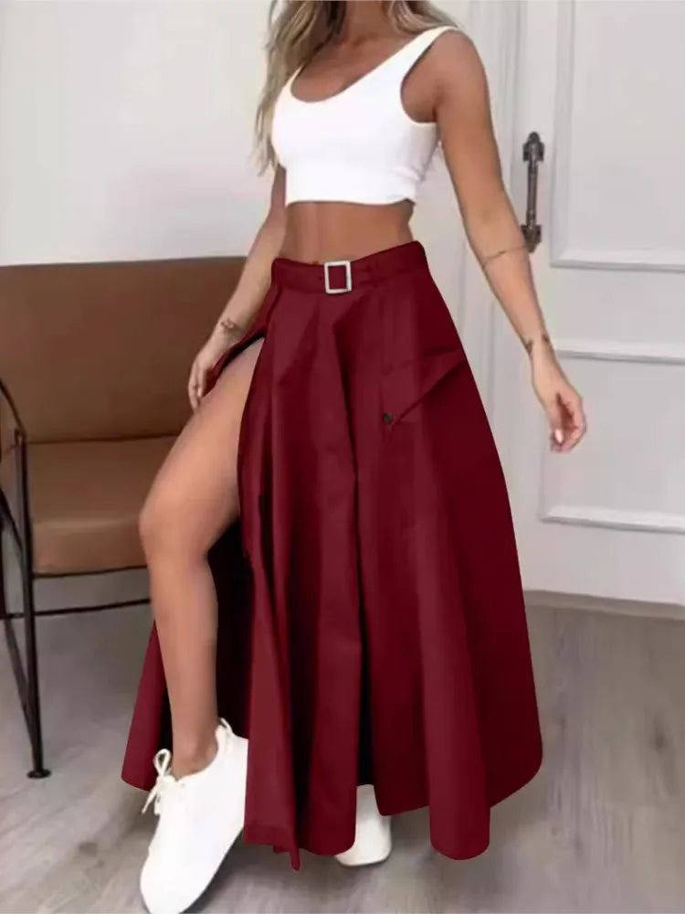 Women’s Summer High Waist Skirt Set – Solid Casual White Tank Top & High Slit Maxi Skirt with Belt and Pockets