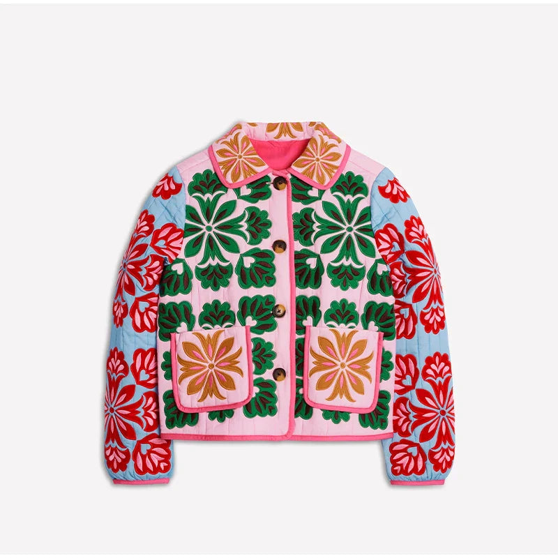 2025 Women’s Printed Quilted Padded Jacket – Collared Cotton Coat with Contrast Piped Pockets, Casual Autumn Outerwear