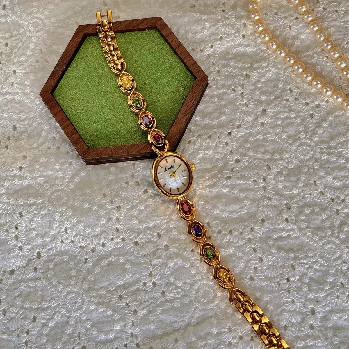 Luxury Women's Watch – Oval Mother-of-Pearl Dial with Tourmalines & Diamond Accents ✨⌚
