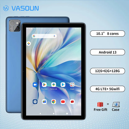 VASOUN Android 14 Tablet 10.1" — 12GB RAM, 128GB ROM, Octa-Core, Dual SIM 4G, WiFi 2.4G/5G, GPS