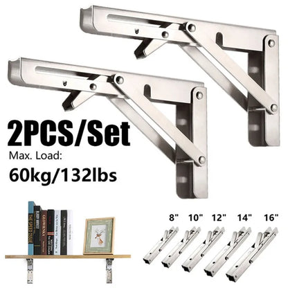 2pcs Heavy Duty Stainless Steel Folding Shelf Brackets | Collapsible Wall-Mounted L-Table Hinges for Bench & Table with Screws