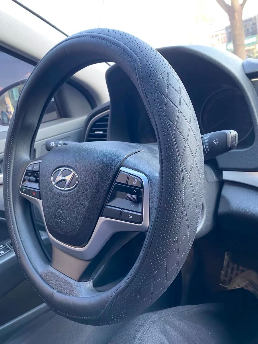 Napa Leather Perforated Patchwork Steering Wheel Cover - Non-slip & Breathable, Universal 15 Inch (38cm)