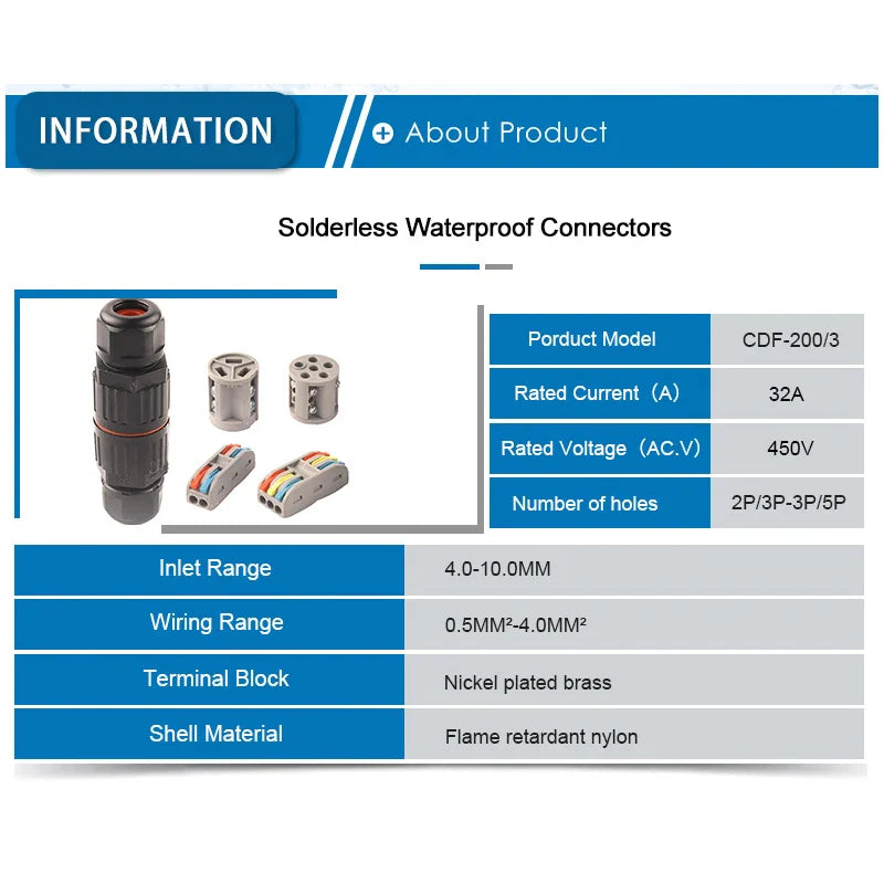 IP68 Waterproof Wire Connector Junction Box – 2/3/5 Pin Quick Push-In Terminal for 4-10mm Outdoor Cables