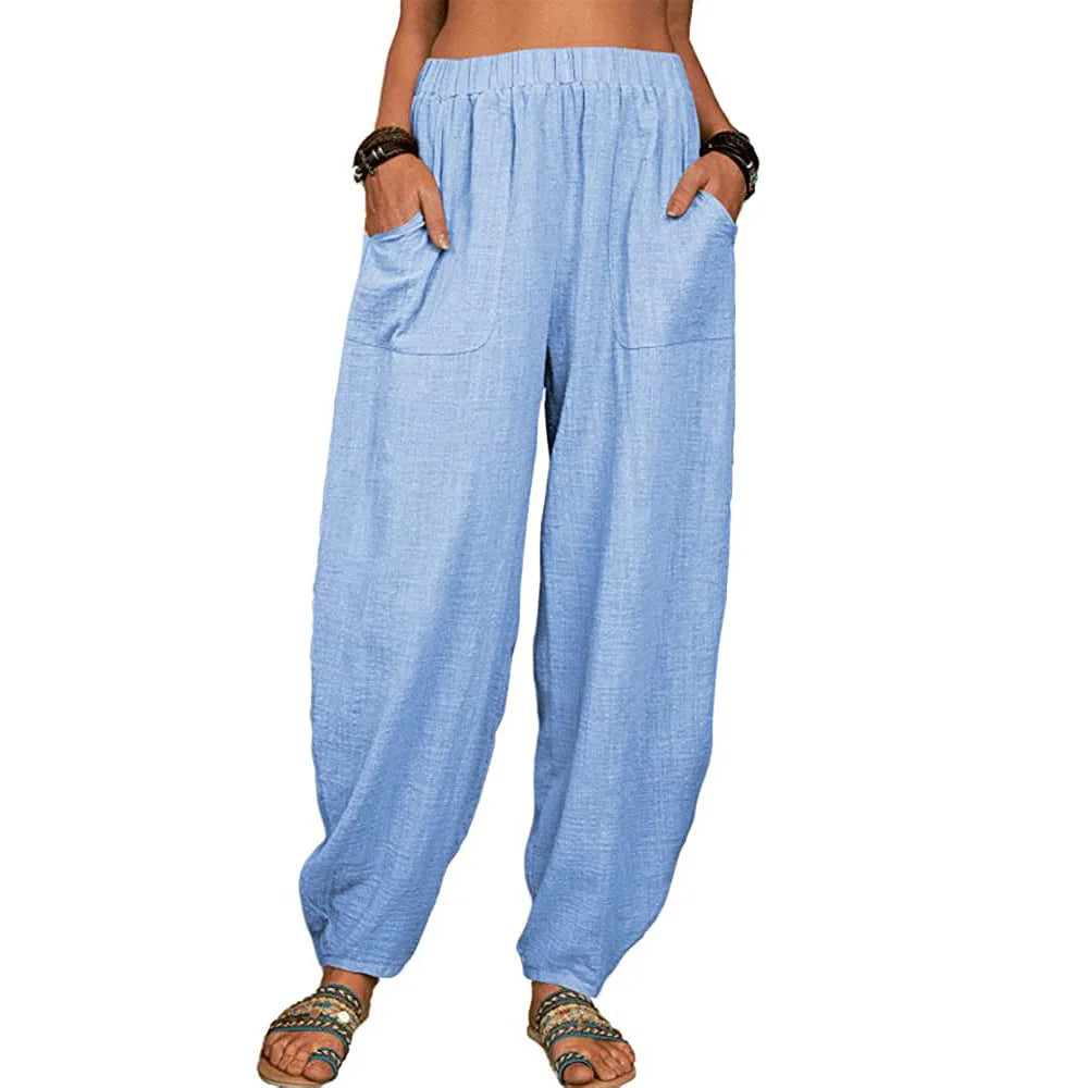 Women’s Casual Cotton Linen Harem Pants – Loose Fit Wide Leg Summer Lounge & Homewear Breathable Long Trousers LRFZ-922