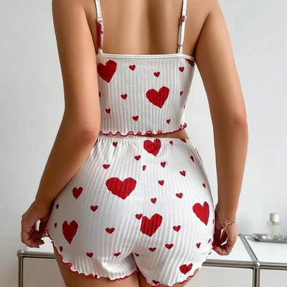 Women's Pajamas Set – 2 PCS Sleepwear with Short Tank Tops & Shorts, Soft & Ventilated, S-M-L, White with Love Printing