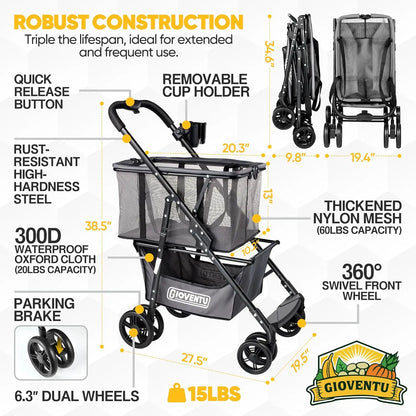 Folding Grocery Shopping Cart – 80lbs Capacity, Collapsible with Removable Tote & Swivel Wheels