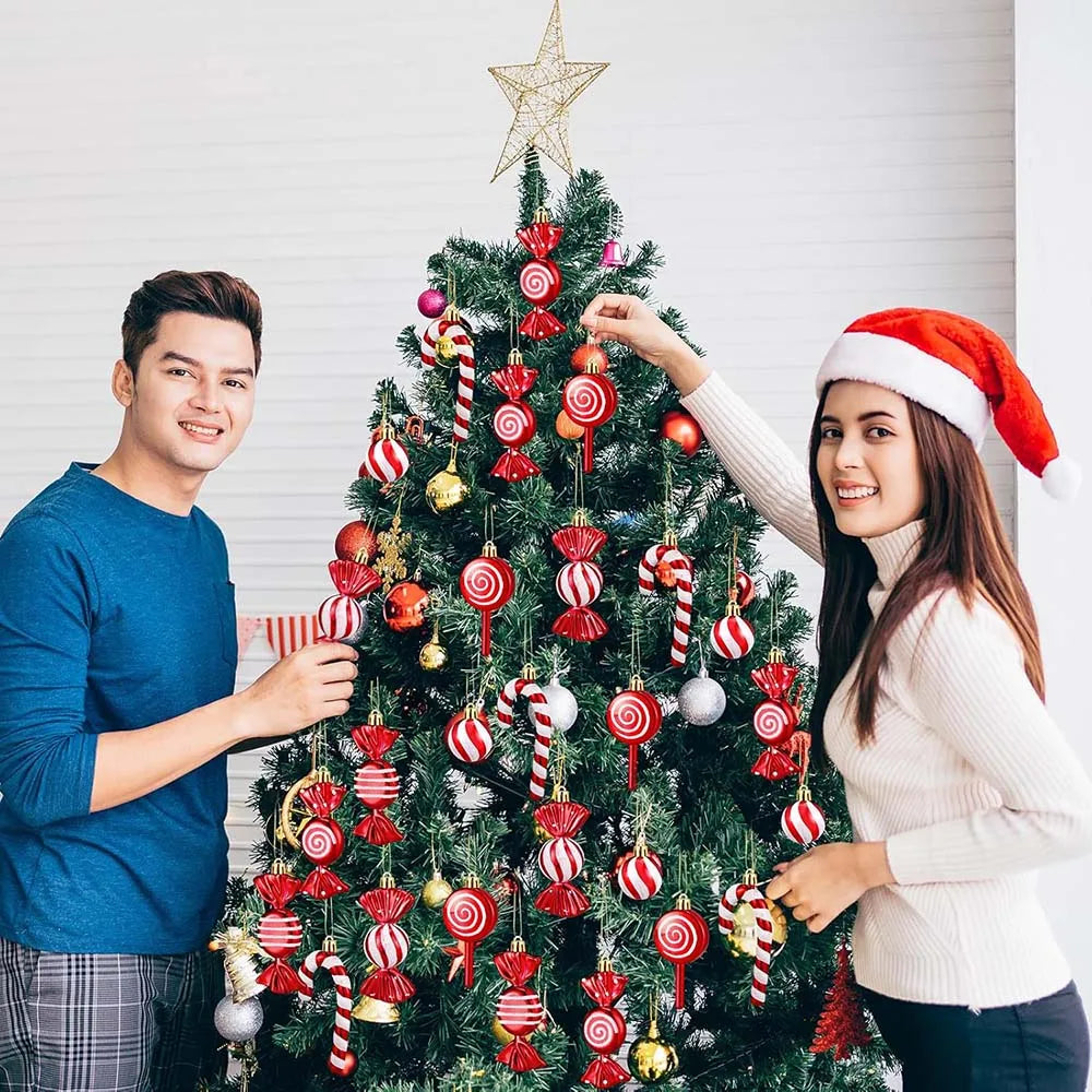 Christmas Candy Decorations – Red & Gold Candy Canes and Pine Cones for Xmas Tree and Home Decor 2025