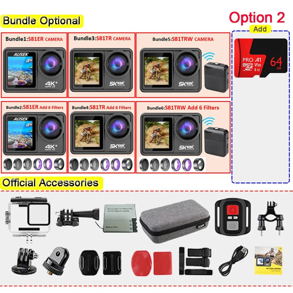 AUSEK S81TRW 5K Action Camera – 4K60FPS, 48MP, EIS, 5X Zoom, 1080P Webcam, Wi-Fi Vlog Sports Cam with Remote & Optional Filters