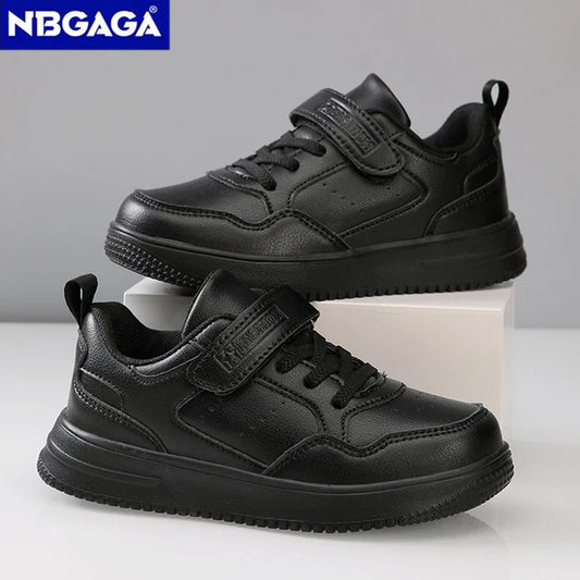 Kids' Black Leather Sneakers – Non-Slip Casual Walking & Tennis Shoes for Boys and Girls