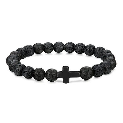Natural Stone & Wood Bead Rosary Bracelet - Hematite Cross Meditation & Yoga Jewelry for Men & Women