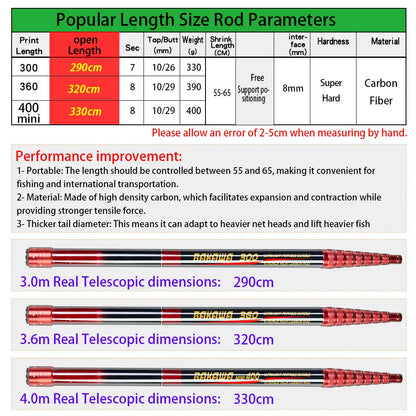 JOSBY Telescopic Foldable Fishing Net – 2.1M/3M/4M Lightweight Carbon Fiber Landing Net for Carp & Sea Fishing