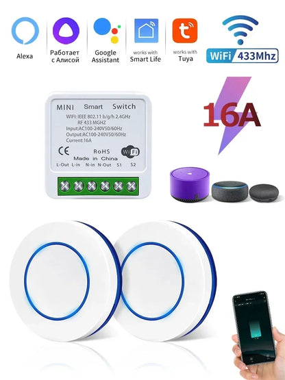 Tuya WiFi Smart Switch – 16A RF 433MHz Wireless Mini Round Button for Alexa & Google Home