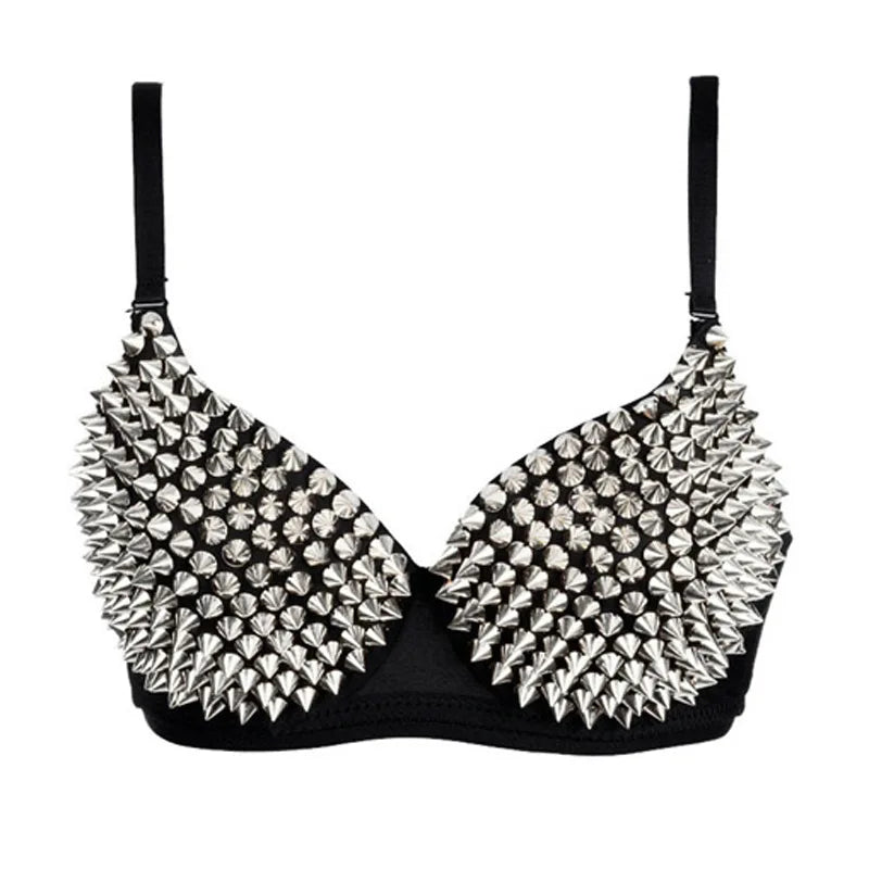 Silver Rivets Punk Rave Bralette – Gothic Push-Up Lingerie Bra Top for Nightclub & Party