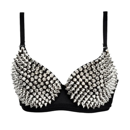 Silver Rivets Punk Rave Bralette — Gothic Sexy Push-Up Bra Top for Women