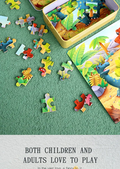 60PCS Cartoon Jigsaw Puzzle with Metal Box – Kids Educational Animal & Vehicle Puzzle Game