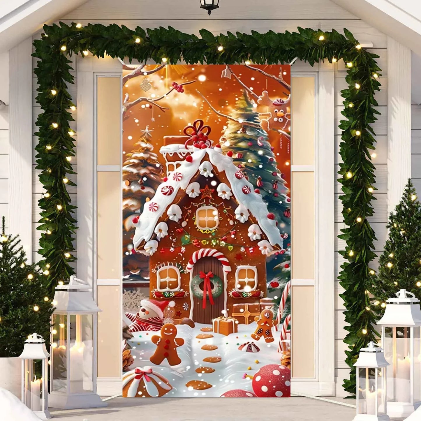 Cute Animals Christmas & New Year Door Cover – Dog, Cat, Snowman, Gingerbread Man Holiday Outdoor Winter Decoration Gift