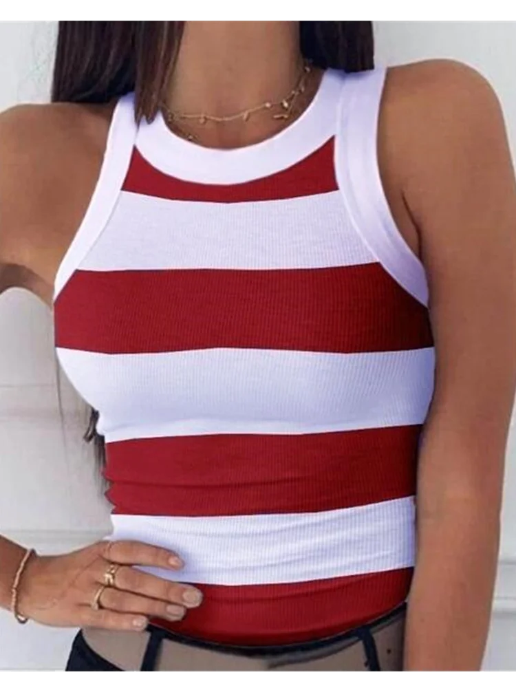 Women’s Summer Elastic Racerback Tank Top – O-Neck Stripe Print Sleeveless Basic Digital Print Sexy Casual T-Shirt