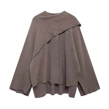 ZBZA Women’s Asymmetric Scarf Knitted Jacket – O Neck Single Button, Side Slit Loose Coat, Winter Chic Outerwear