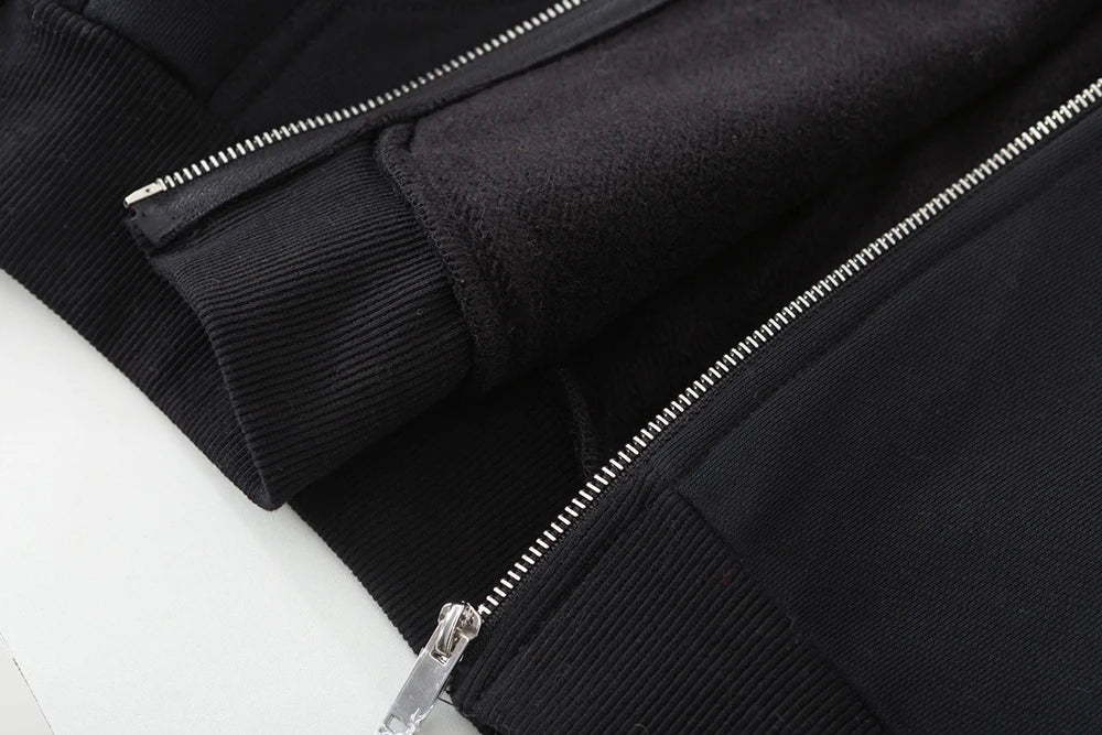 Men’s Harajuku Zip-Up Hoodie Jacket – Retro Black Oversized Long Sleeve Sweatshirt Coat
