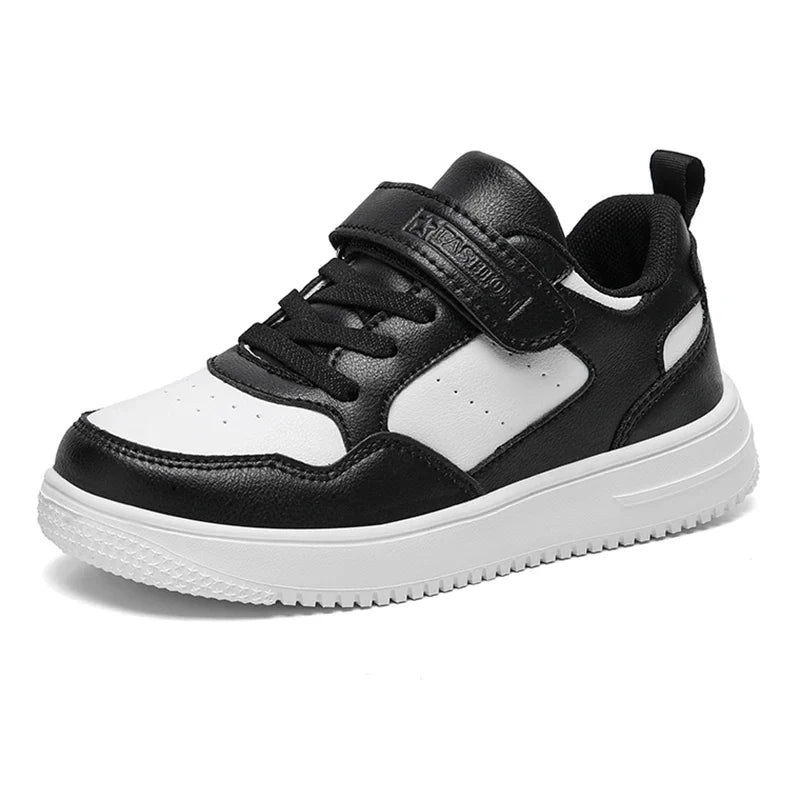 Kids' Black Leather Sneakers – Non-Slip Casual Walking & Tennis Shoes for Boys and Girls