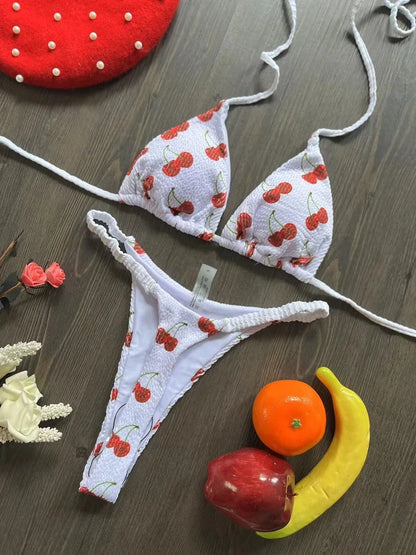 Women’s Cherry Print Bikini Set – Brazilian Thong Two-Piece Swimwear, Sexy Beach Bathing Suit