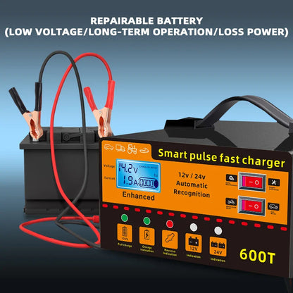 12V/24V Intelligent Car Battery Charger – Automatic Pulse Repair with LCD Display, Voltage & Temperature Detection, High Power Maintenance System