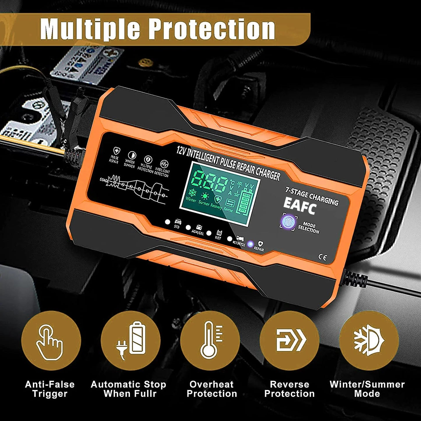 12V/24V Smart Battery Charger — 10A/12A Fast Charger with 7-Stage Pulse Repair for AGM, GEL, WET Lead-Acid Car Batteries