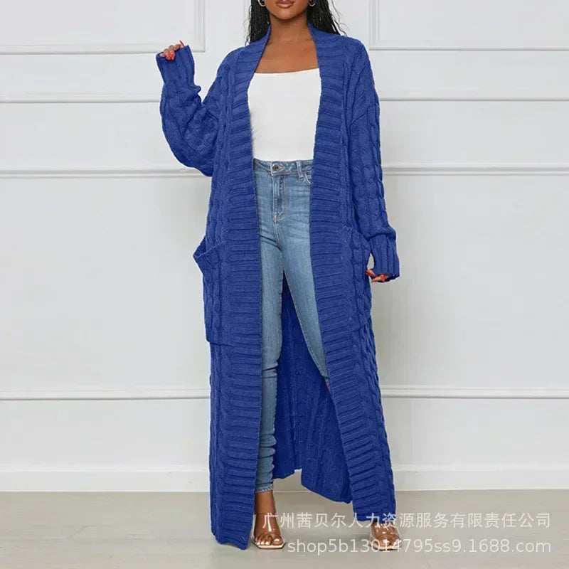 Open Front Cable Knit Longline Cardigan for Women – Long Sleeve, Loose Fit, Casual Fashion Knitwear, Solid Color