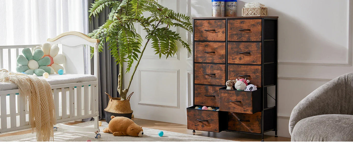 Bedside Table with 10 Fabric Drawers – Steel Frame Storage Cabinet for Bedroom & Living Room