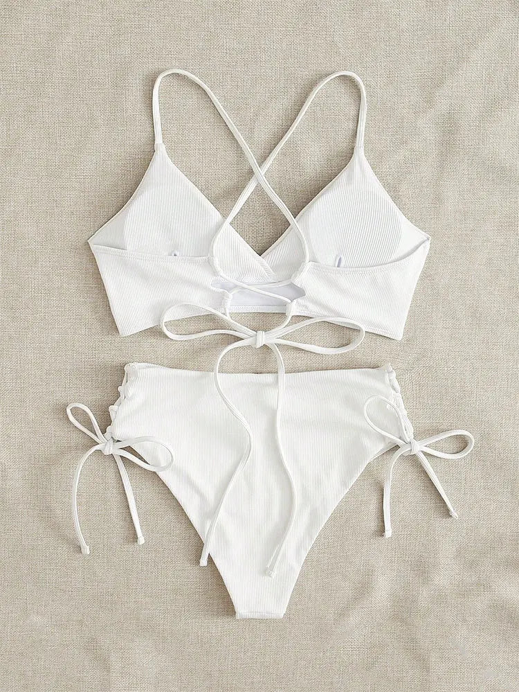 Cikini V-Neck Split Bikini Set – Sexy Lace-Up Triangular Solid Color Swimwear for Women