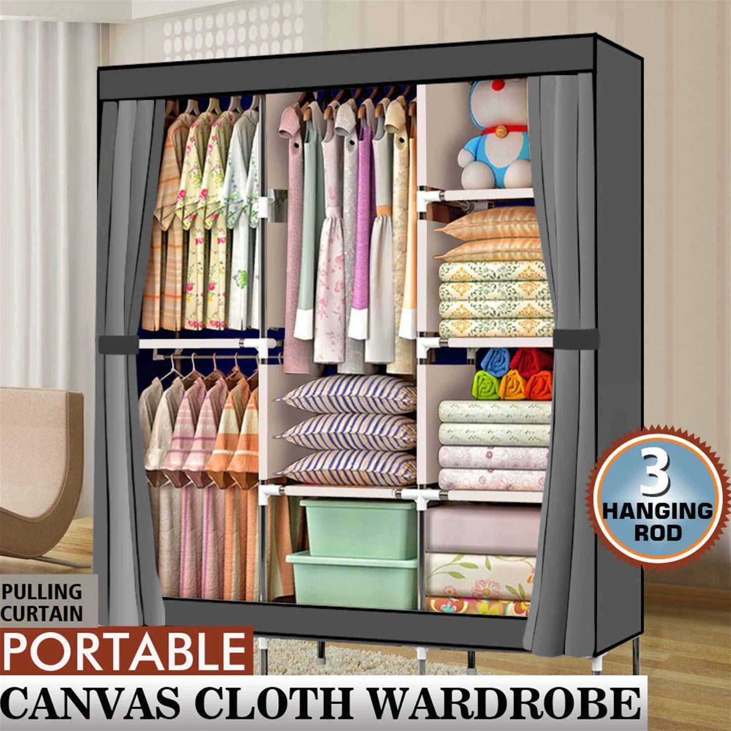 71" Portable Closet Wardrobe – Gray Clothes Rack with Shelf, Storage Organizer