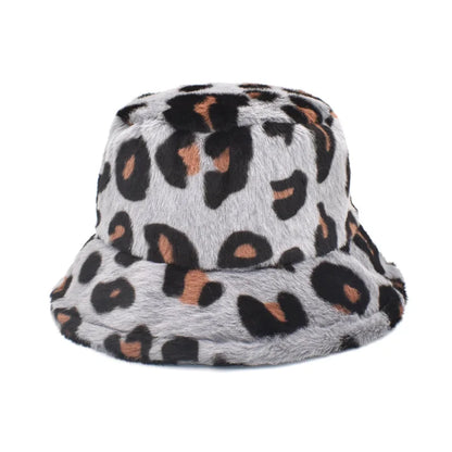 Women’s Winter Bucket Hat – Fashion Leopard Panama, Warm Vintage Faux Fur Fisherman Cap