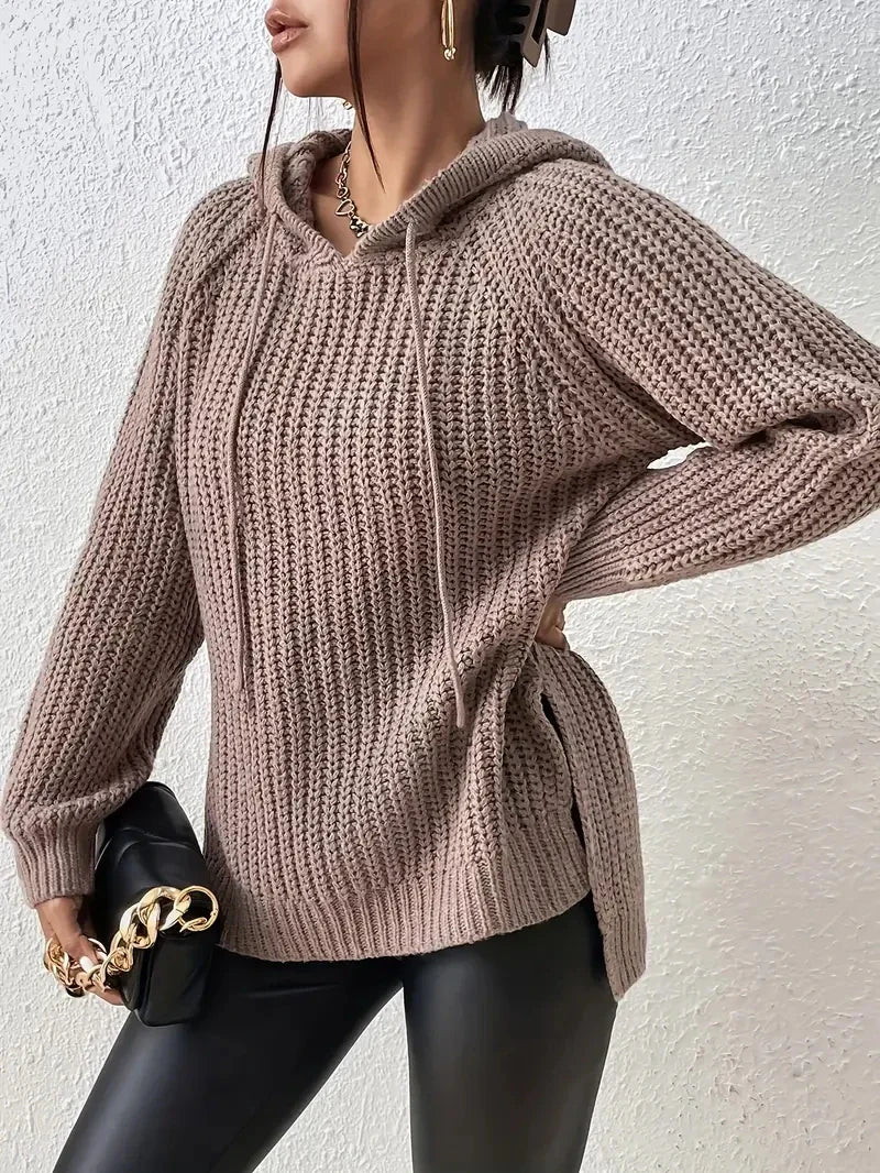 Women’s Hooded Raglan Sleeve Sweater – Split Hem Drawstring Cozy Pullover for Casual Wear