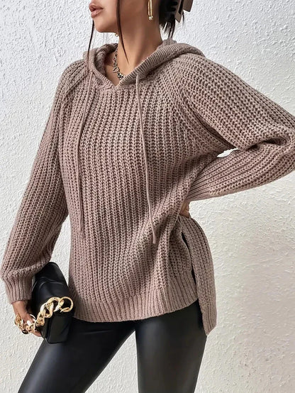 Women’s Hooded Raglan Sleeve Sweater – Split Hem Drawstring Cozy Pullover for Casual Wear