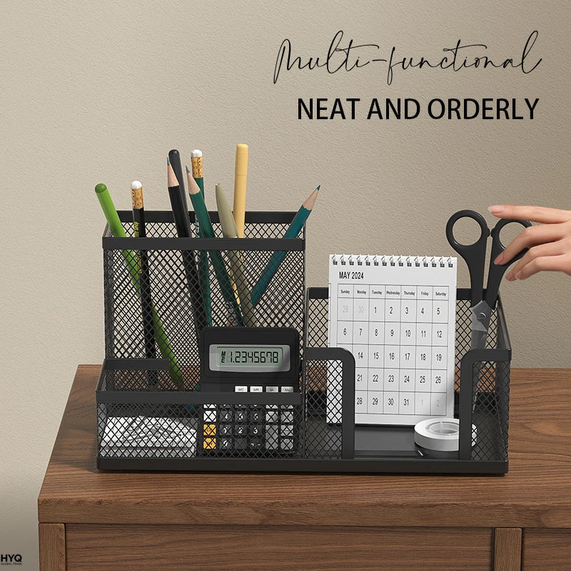 Mesh Desk Organizer Caddy with Pencil Holder and 3 Compartments for Office Desktop Storage – Black Office Supplies Organizer