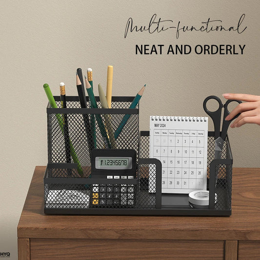 Mesh Desk Organizer Caddy with Pencil Holder and 3 Compartments for Office Desktop Storage – Black Office Supplies Organizer