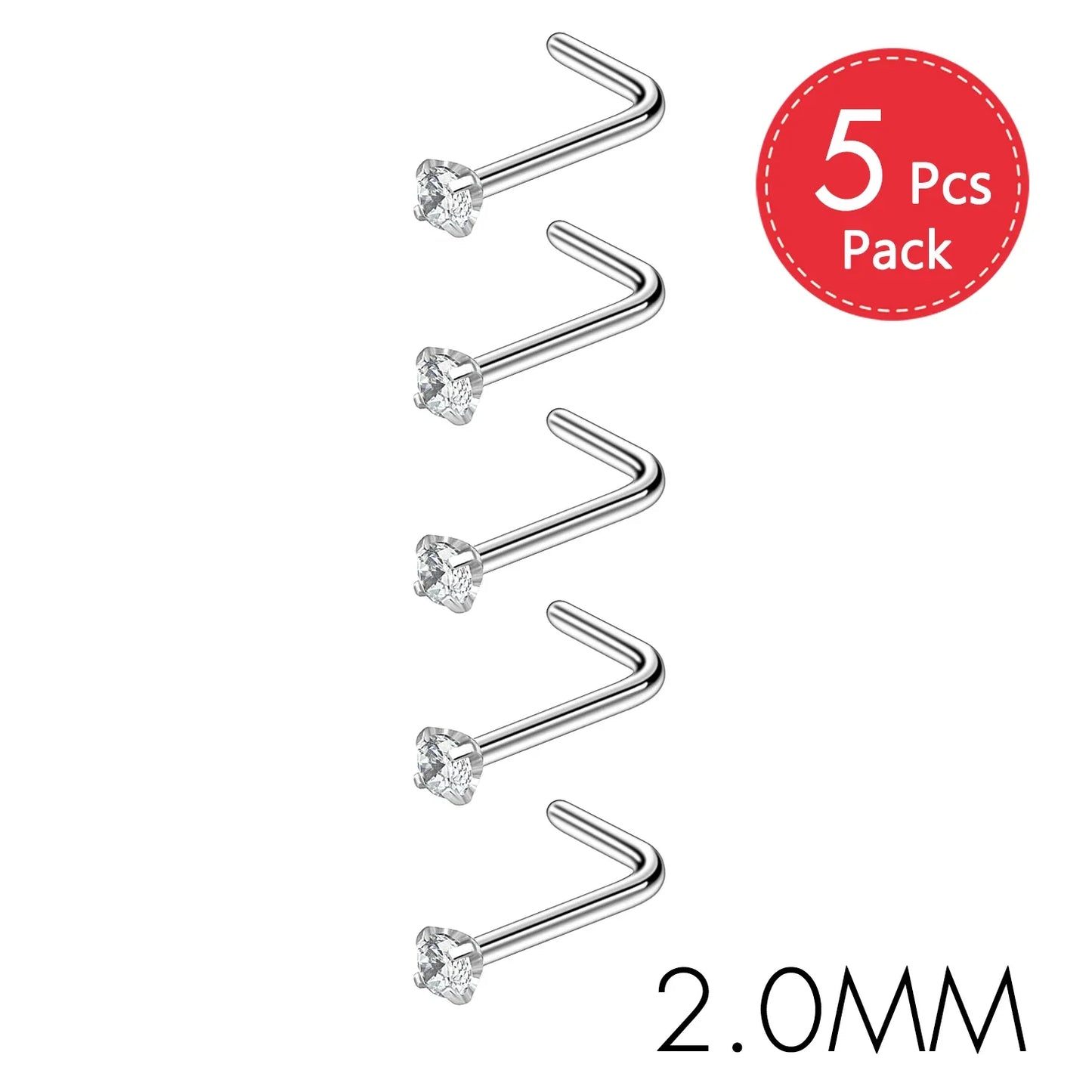 5PCS Stainless Steel Nose Ring Studs — Crystal Nostril Piercing Jewelry for Women & Girls, 1.5/2.0/2.5/3.0mm, 20G