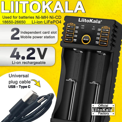 LiitoKala Lii-202 Battery Charger – Multi-Voltage 1.2V/3.7V Charging for 18650, 21700, 20700, 26650, 14500, 16340 NiMH & Li-Ion Batteries
