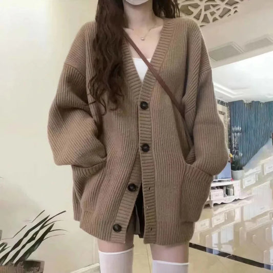 Autumn Winter Women’s Cardigan Sweater Coat – Fashion Long Sleeve V-Neck, Loose Fit Knitted Jacket, Casual Sweater Cardigan