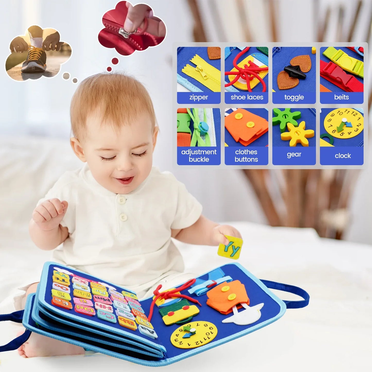 Montessori Toddler Busy Board – Educational Activity for Dress Motor Skills, Baby Learning Toy for Travel