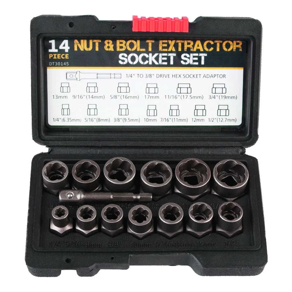 14-Piece Damaged Bolt & Nut Remover Socket Set - Cr-Mo Steel Car Tool Kit with Screw Extractor Sockets