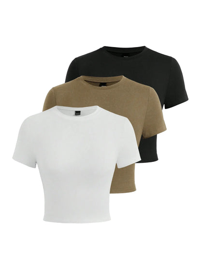 Y2K Women’s Solid Cotton Crop Top – Short Sleeve, High-Elastic O-Neck T-Shirt for Summer Streetwear & Sporty Fashion