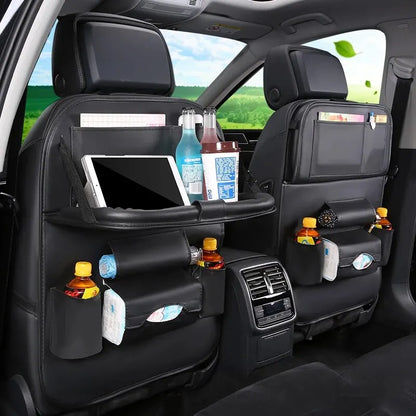 Car Seat Back Organizer with Foldable Table Tray – PU Leather Storage with Pockets, Kick Mats & Interior Accessories